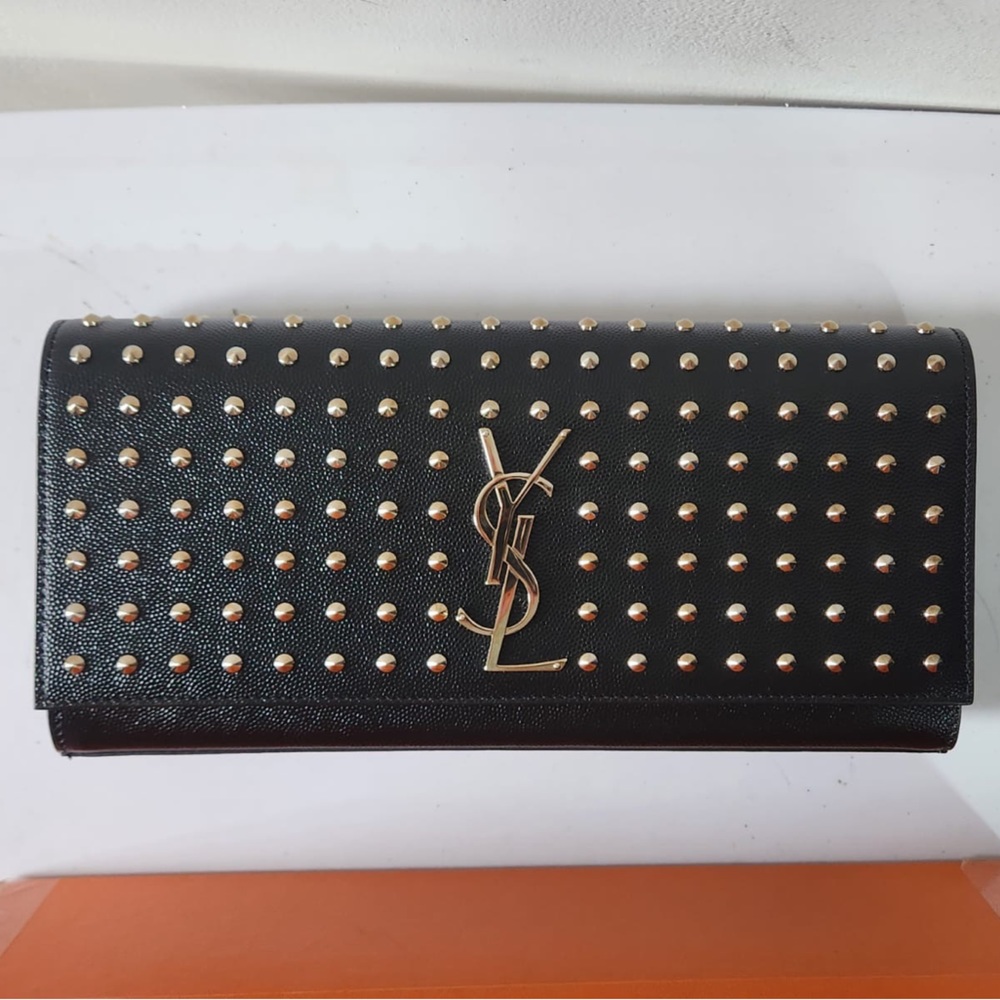 YSL Saint Lauren Silver Studded Black Leather Clutch - Picture 5 of 15